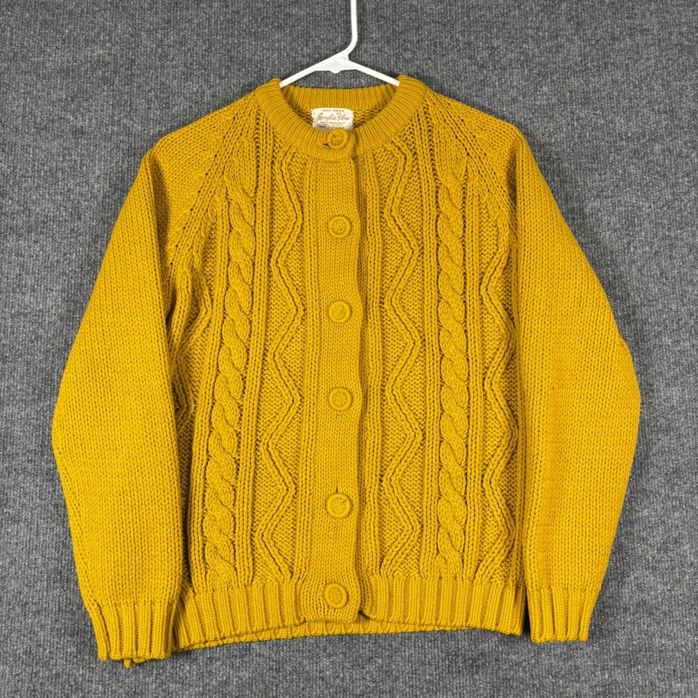 Vintage Chunky Cable Knit Cardigan Sweater Womens M Mustard Yellow Button Front